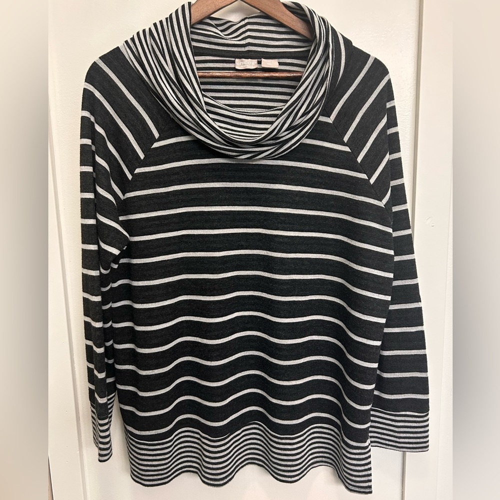 Chico's Striped Cowl Neck Sweater in Black and Gray